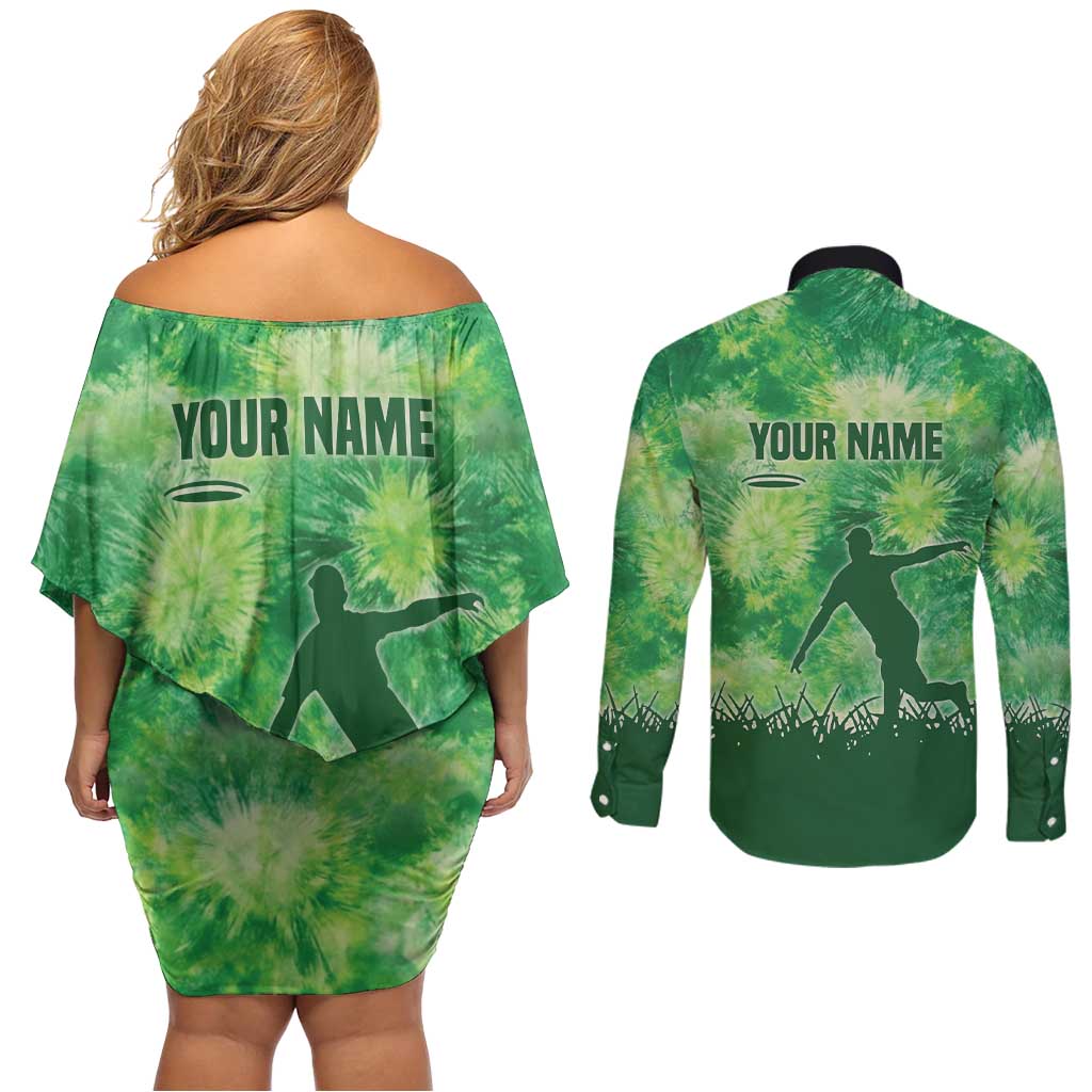 Custom Disc Golf Couples Matching Off Shoulder Short Dress and Long Sleeve Button Shirt with Green Tie Dye Basket and Player Silhouette - Wonder Print Shop