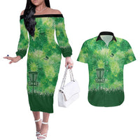 Custom Disc Golf Couples Matching Off The Shoulder Long Sleeve Dress and Hawaiian Shirt with Green Tie Dye Basket and Player Silhouette - Wonder Print Shop