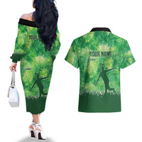 Custom Disc Golf Couples Matching Off The Shoulder Long Sleeve Dress and Hawaiian Shirt with Green Tie Dye Basket and Player Silhouette - Wonder Print Shop