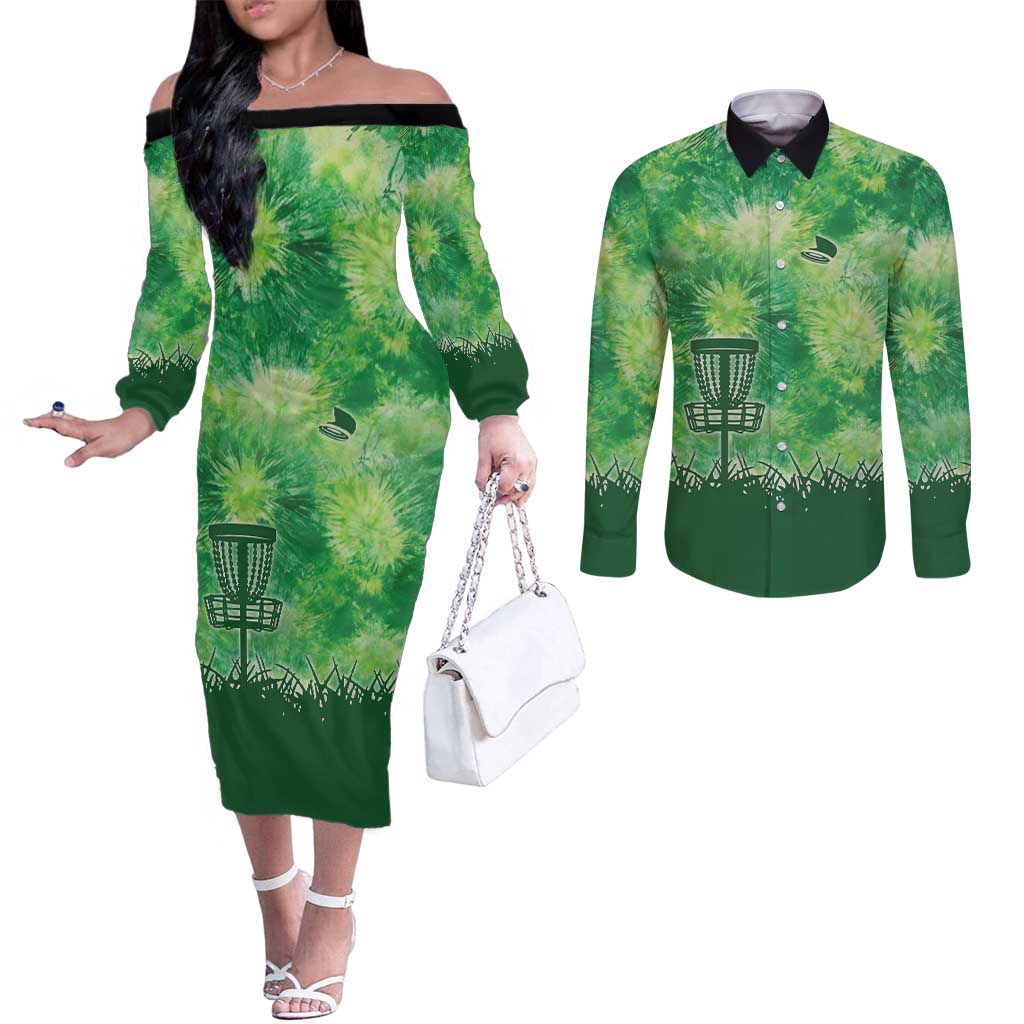 Custom Disc Golf Couples Matching Off The Shoulder Long Sleeve Dress and Long Sleeve Button Shirt with Green Tie Dye Basket and Player Silhouette - Wonder Print Shop