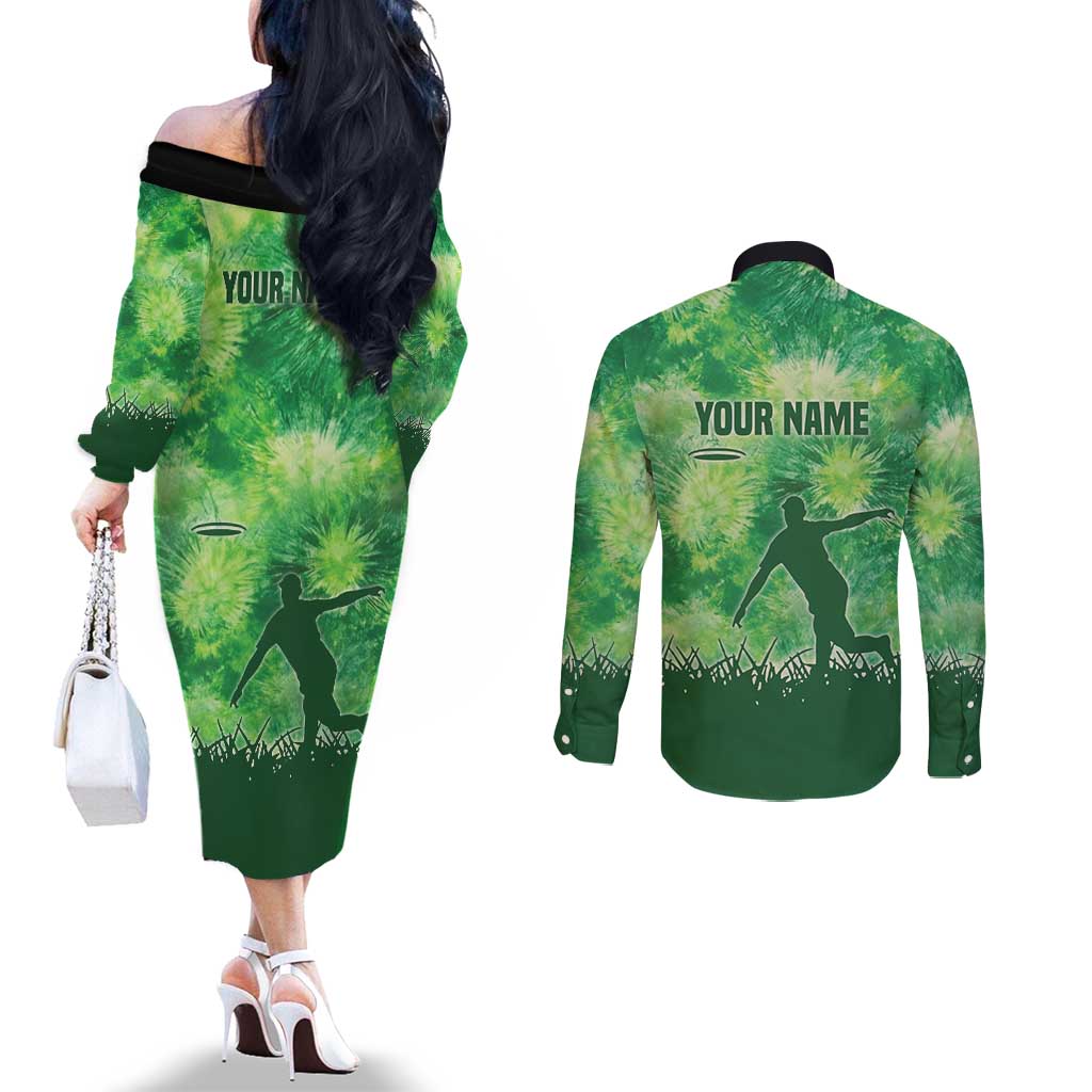 Custom Disc Golf Couples Matching Off The Shoulder Long Sleeve Dress and Long Sleeve Button Shirt with Green Tie Dye Basket and Player Silhouette - Wonder Print Shop