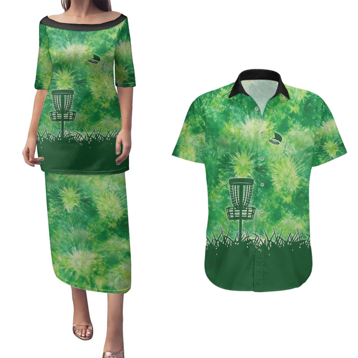 Custom Disc Golf Couples Matching Puletasi and Hawaiian Shirt with Green Tie Dye Basket and Player Silhouette - Wonder Print Shop