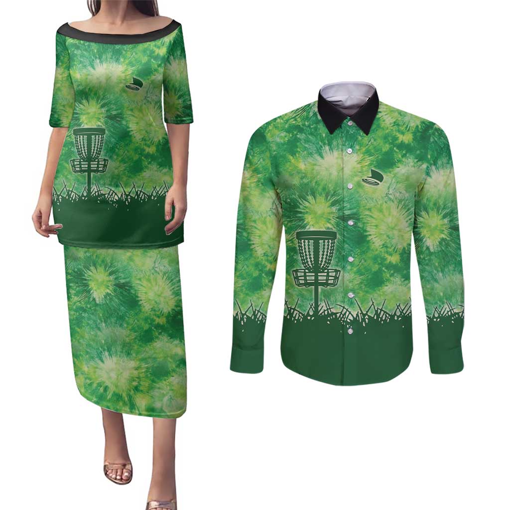 Custom Disc Golf Couples Matching Puletasi and Long Sleeve Button Shirt with Green Tie Dye Basket and Player Silhouette - Wonder Print Shop
