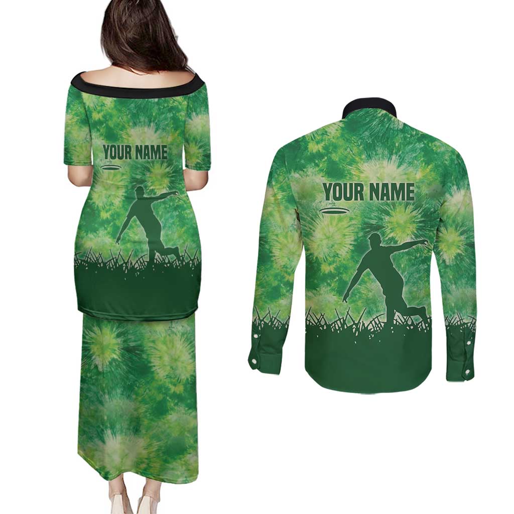 Custom Disc Golf Couples Matching Puletasi and Long Sleeve Button Shirt with Green Tie Dye Basket and Player Silhouette - Wonder Print Shop
