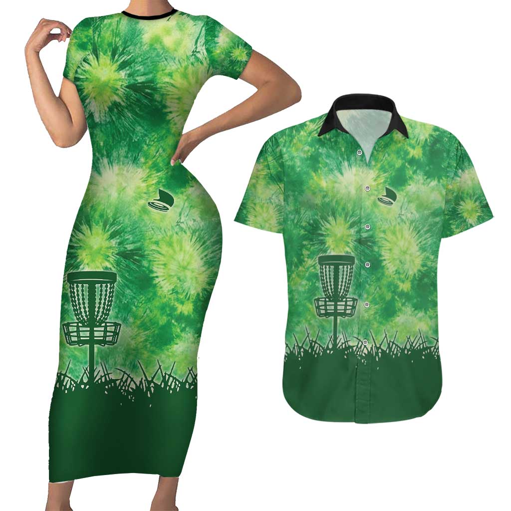 Custom Disc Golf Couples Matching Short Sleeve Bodycon Dress and Hawaiian Shirt with Green Tie Dye Basket and Player Silhouette - Wonder Print Shop