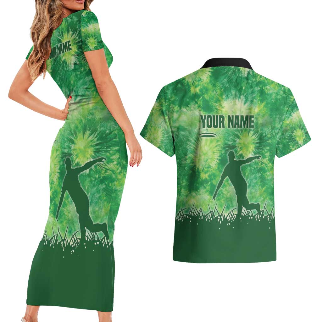 Custom Disc Golf Couples Matching Short Sleeve Bodycon Dress and Hawaiian Shirt with Green Tie Dye Basket and Player Silhouette - Wonder Print Shop