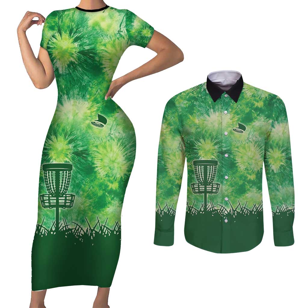 Custom Disc Golf Couples Matching Short Sleeve Bodycon Dress and Long Sleeve Button Shirt with Green Tie Dye Basket and Player Silhouette - Wonder Print Shop