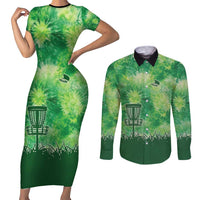 Custom Disc Golf Couples Matching Short Sleeve Bodycon Dress and Long Sleeve Button Shirt with Green Tie Dye Basket and Player Silhouette - Wonder Print Shop