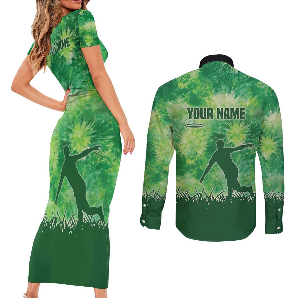 Custom Disc Golf Couples Matching Short Sleeve Bodycon Dress and Long Sleeve Button Shirt with Green Tie Dye Basket and Player Silhouette - Wonder Print Shop