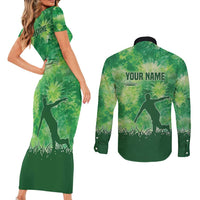 Custom Disc Golf Couples Matching Short Sleeve Bodycon Dress and Long Sleeve Button Shirt with Green Tie Dye Basket and Player Silhouette - Wonder Print Shop