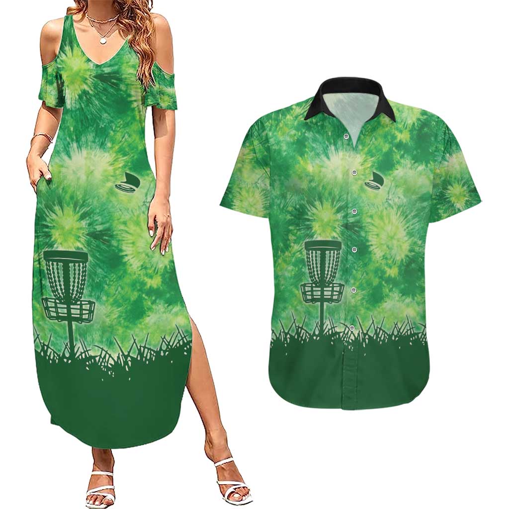 Custom Disc Golf Couples Matching Summer Maxi Dress and Hawaiian Shirt with Green Tie Dye Basket and Player Silhouette - Wonder Print Shop