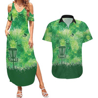 Custom Disc Golf Couples Matching Summer Maxi Dress and Hawaiian Shirt with Green Tie Dye Basket and Player Silhouette - Wonder Print Shop