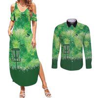 Custom Disc Golf Couples Matching Summer Maxi Dress and Long Sleeve Button Shirt with Green Tie Dye Basket and Player Silhouette - Wonder Print Shop