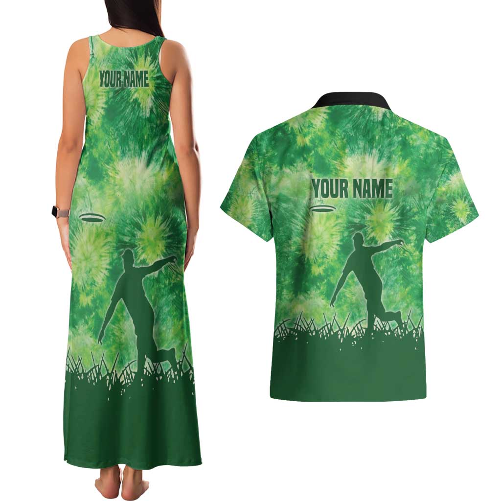 Custom Disc Golf Couples Matching Tank Maxi Dress and Hawaiian Shirt with Green Tie Dye Basket and Player Silhouette - Wonder Print Shop