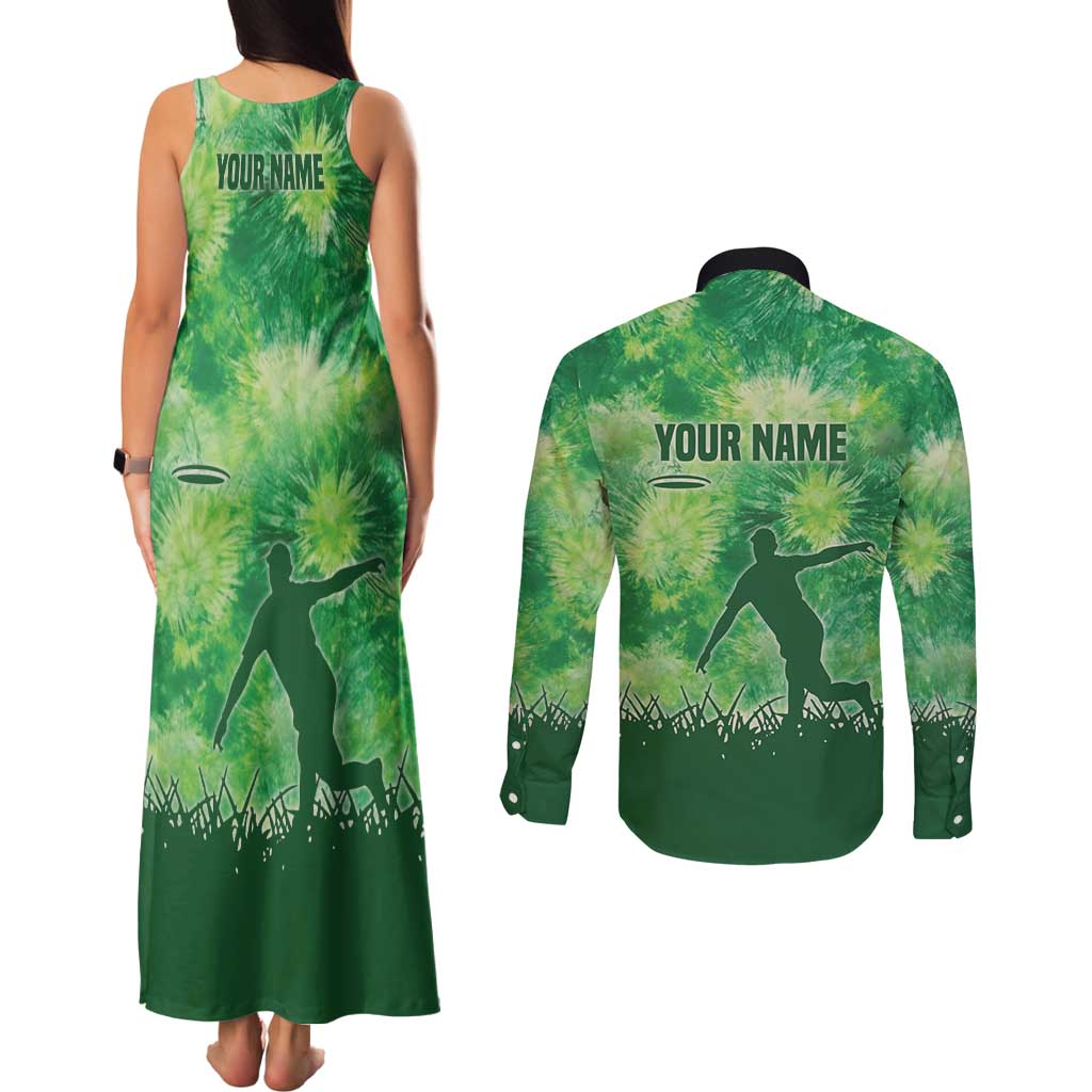 Custom Disc Golf Couples Matching Tank Maxi Dress and Long Sleeve Button Shirt with Green Tie Dye Basket and Player Silhouette - Wonder Print Shop