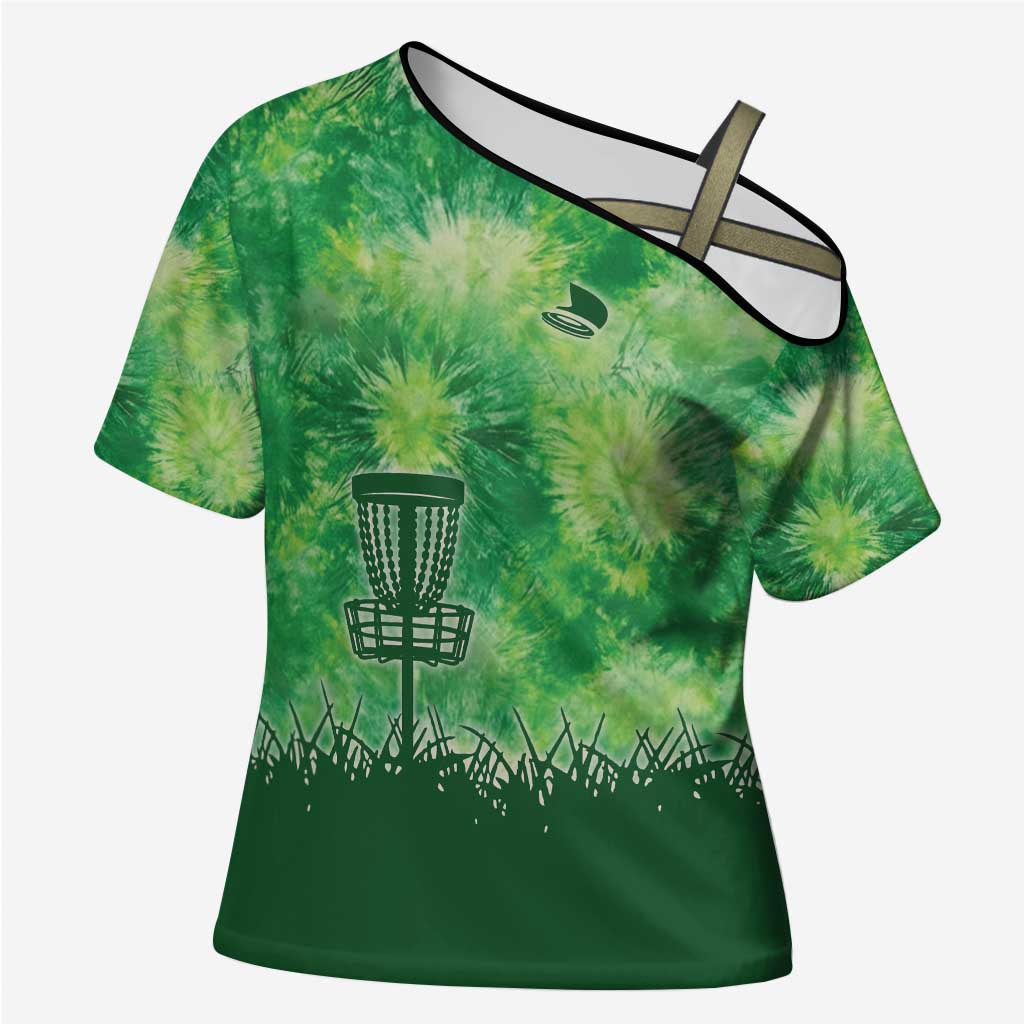 Custom Disc Golf Cross Shoulder Shirt with Green Tie Dye Basket and Player Silhouette - Wonder Print Shop