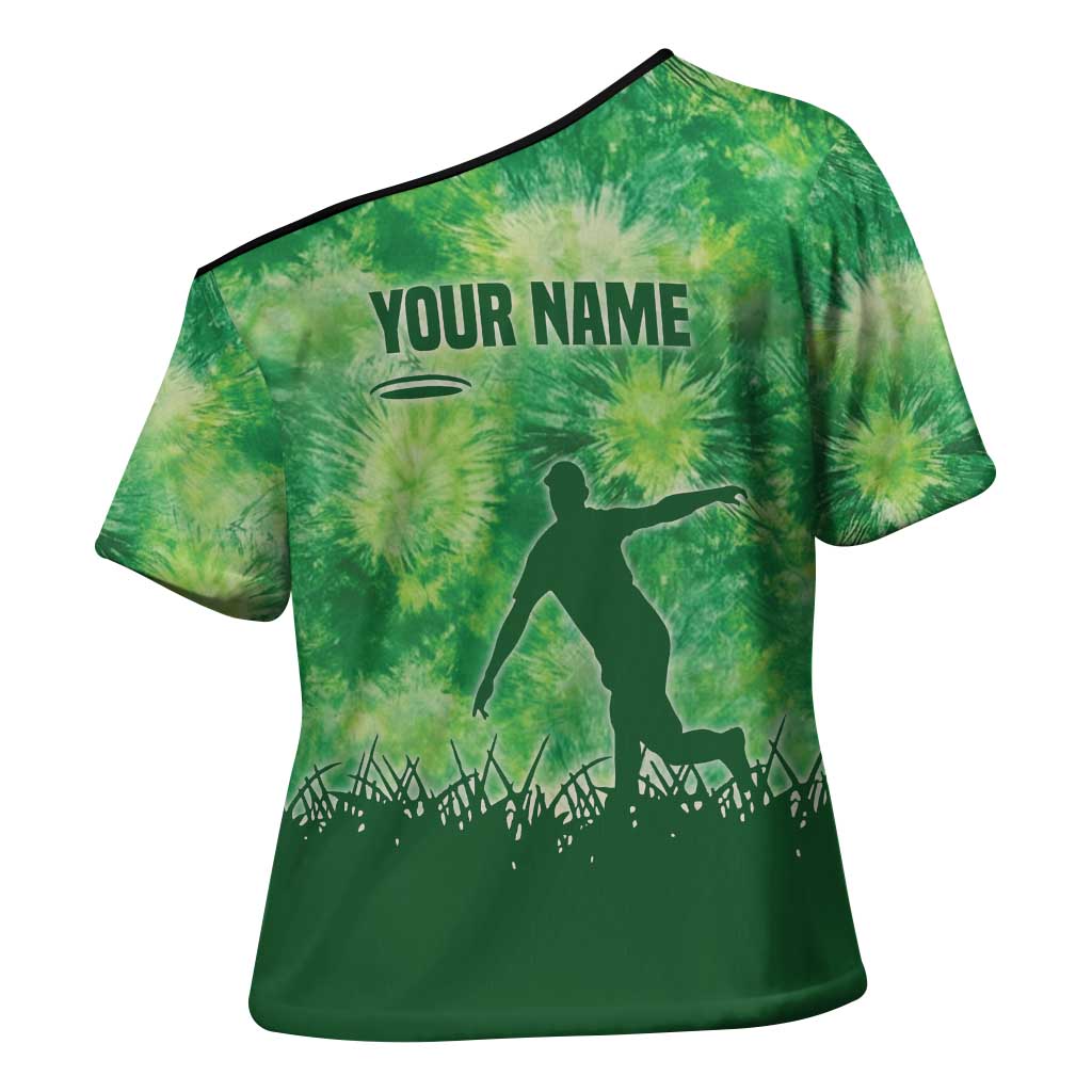 Custom Disc Golf Cross Shoulder Shirt with Green Tie Dye Basket and Player Silhouette - Wonder Print Shop