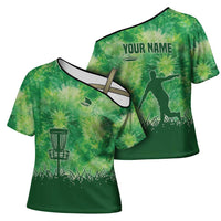 Custom Disc Golf Cross Shoulder Shirt with Green Tie Dye Basket and Player Silhouette - Wonder Print Shop