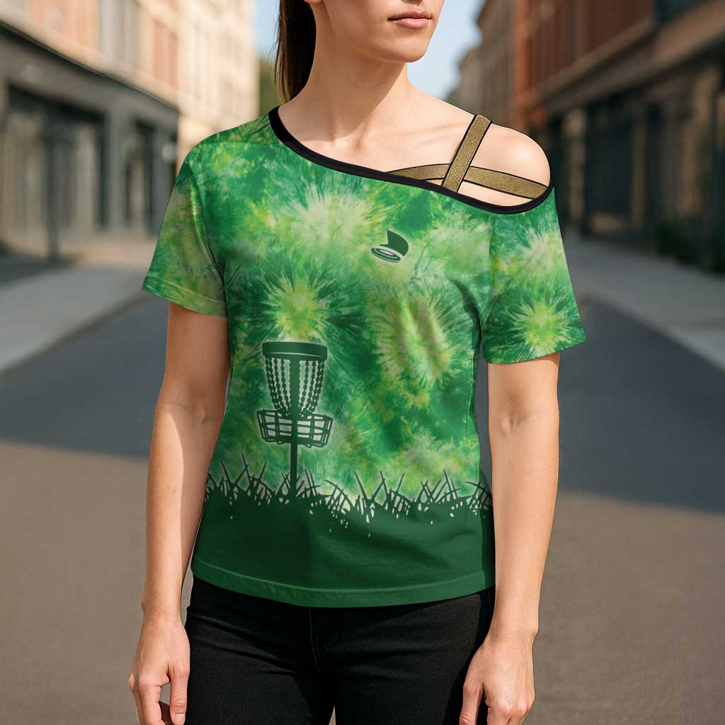 Custom Disc Golf Cross Shoulder Shirt with Green Tie Dye Basket and Player Silhouette - Wonder Print Shop
