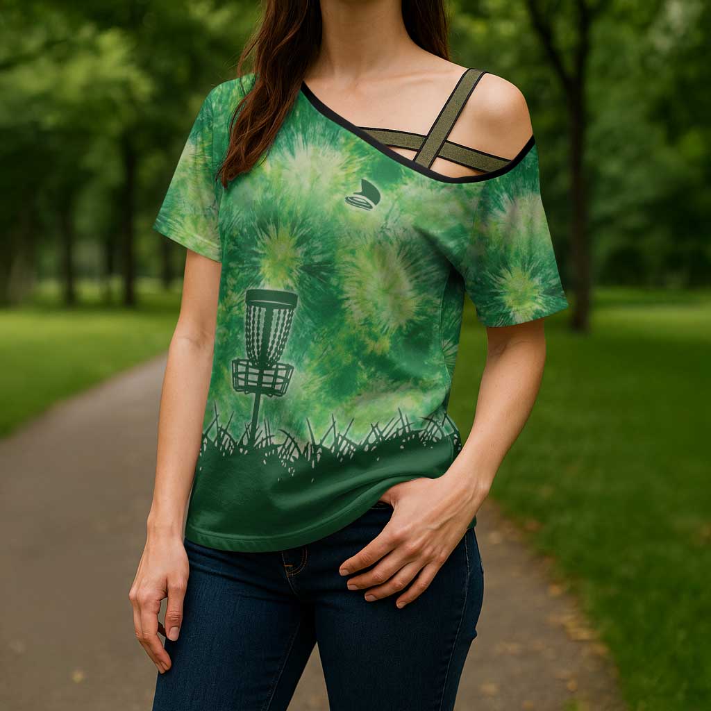 Custom Disc Golf Cross Shoulder Shirt with Green Tie Dye Basket and Player Silhouette - Wonder Print Shop