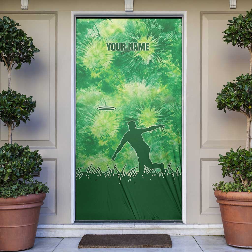 Custom Disc Golf Door Cover with Green Tie Dye Basket and Player Silhouette - Wonder Print Shop