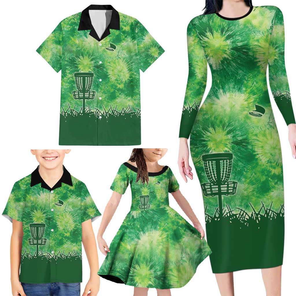 Custom Disc Golf Family Matching Long Sleeve Bodycon Dress and Hawaiian Shirt with Green Tie Dye Basket and Player Silhouette - Wonder Print Shop