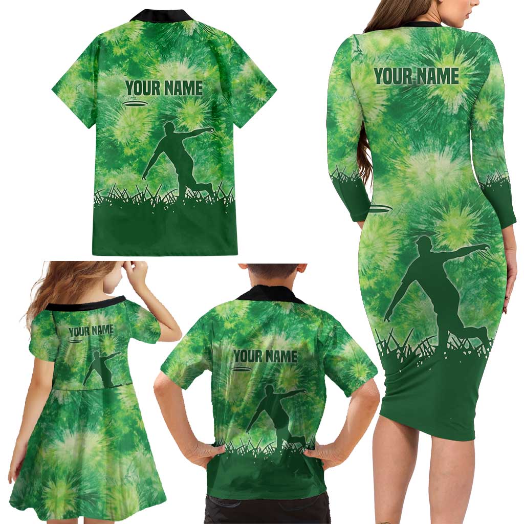 Custom Disc Golf Family Matching Long Sleeve Bodycon Dress and Hawaiian Shirt with Green Tie Dye Basket and Player Silhouette - Wonder Print Shop