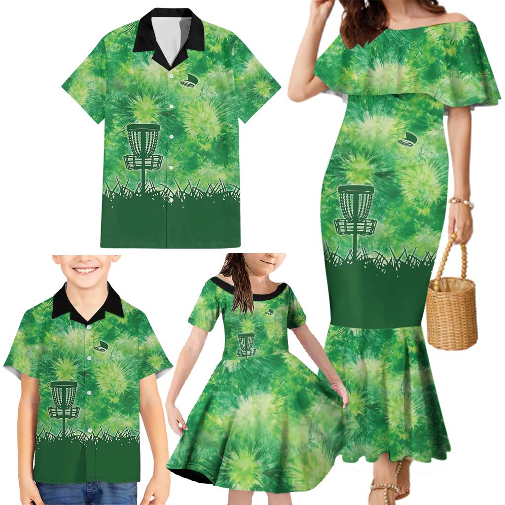 Custom Disc Golf Family Matching Mermaid Dress and Hawaiian Shirt with Green Tie Dye Basket and Player Silhouette - Wonder Print Shop