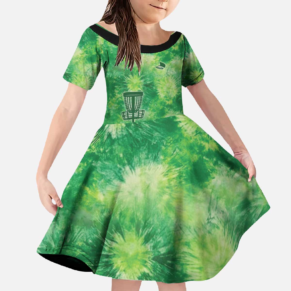 Custom Disc Golf Family Matching Off The Shoulder Long Sleeve Dress and Hawaiian Shirt with Green Tie Dye Basket and Player Silhouette - Wonder Print Shop