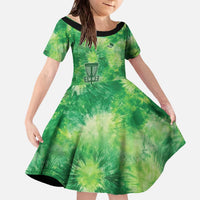 Custom Disc Golf Family Matching Off The Shoulder Long Sleeve Dress and Hawaiian Shirt with Green Tie Dye Basket and Player Silhouette - Wonder Print Shop