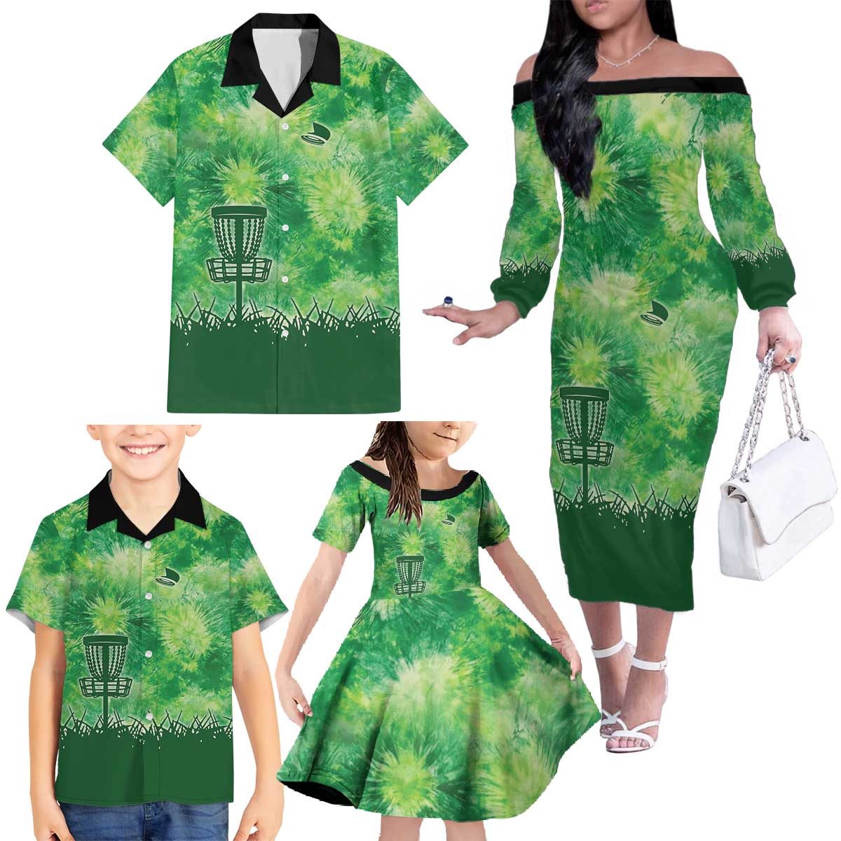Custom Disc Golf Family Matching Off The Shoulder Long Sleeve Dress and Hawaiian Shirt with Green Tie Dye Basket and Player Silhouette - Wonder Print Shop