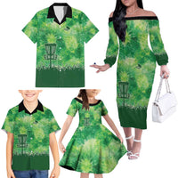 Custom Disc Golf Family Matching Off The Shoulder Long Sleeve Dress and Hawaiian Shirt with Green Tie Dye Basket and Player Silhouette - Wonder Print Shop
