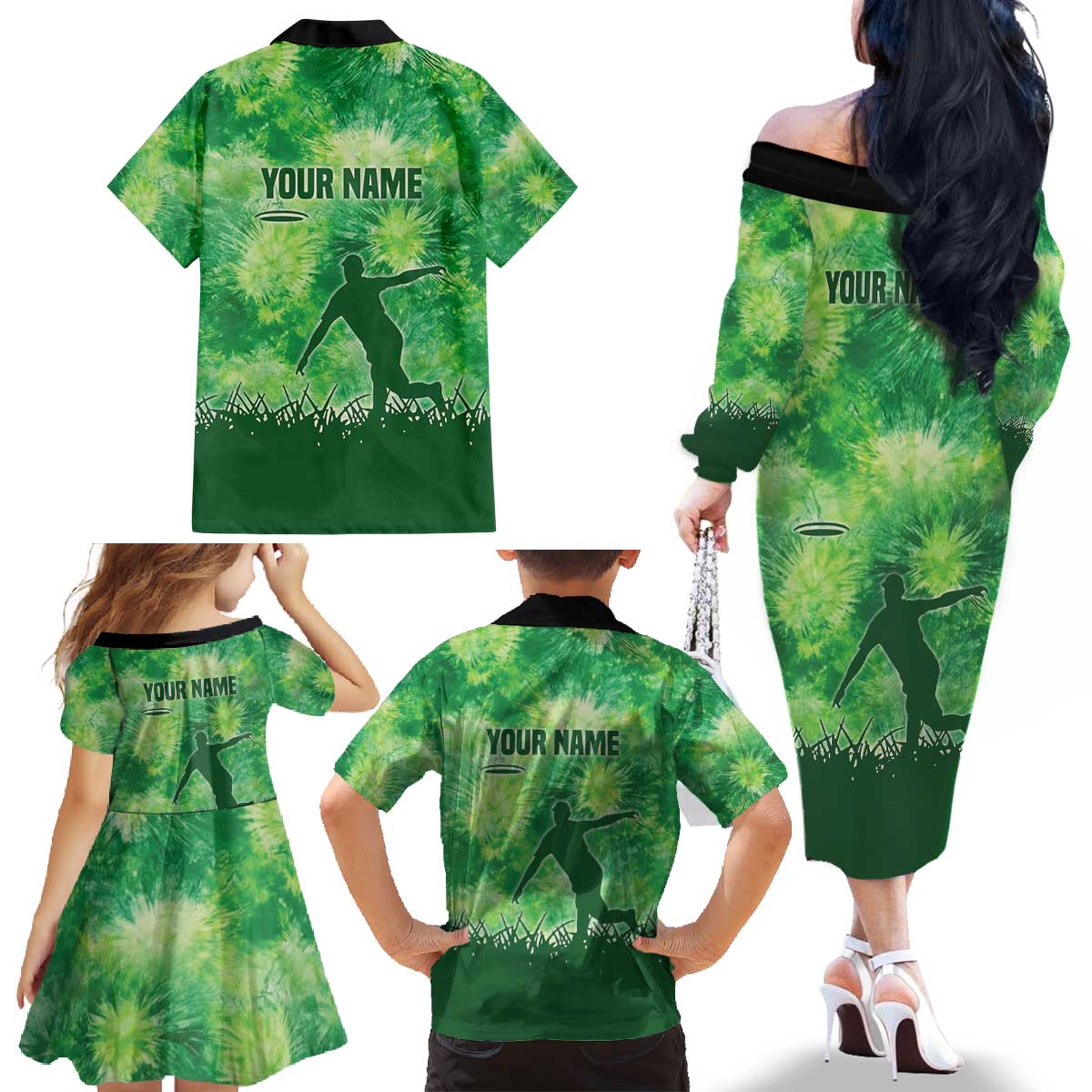 Custom Disc Golf Family Matching Off The Shoulder Long Sleeve Dress and Hawaiian Shirt with Green Tie Dye Basket and Player Silhouette - Wonder Print Shop