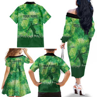Custom Disc Golf Family Matching Off The Shoulder Long Sleeve Dress and Hawaiian Shirt with Green Tie Dye Basket and Player Silhouette - Wonder Print Shop