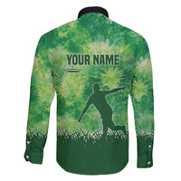 Custom Disc Golf Family Matching Off The Shoulder Long Sleeve Dress and Hawaiian Shirt with Green Tie Dye Basket and Player Silhouette - Wonder Print Shop