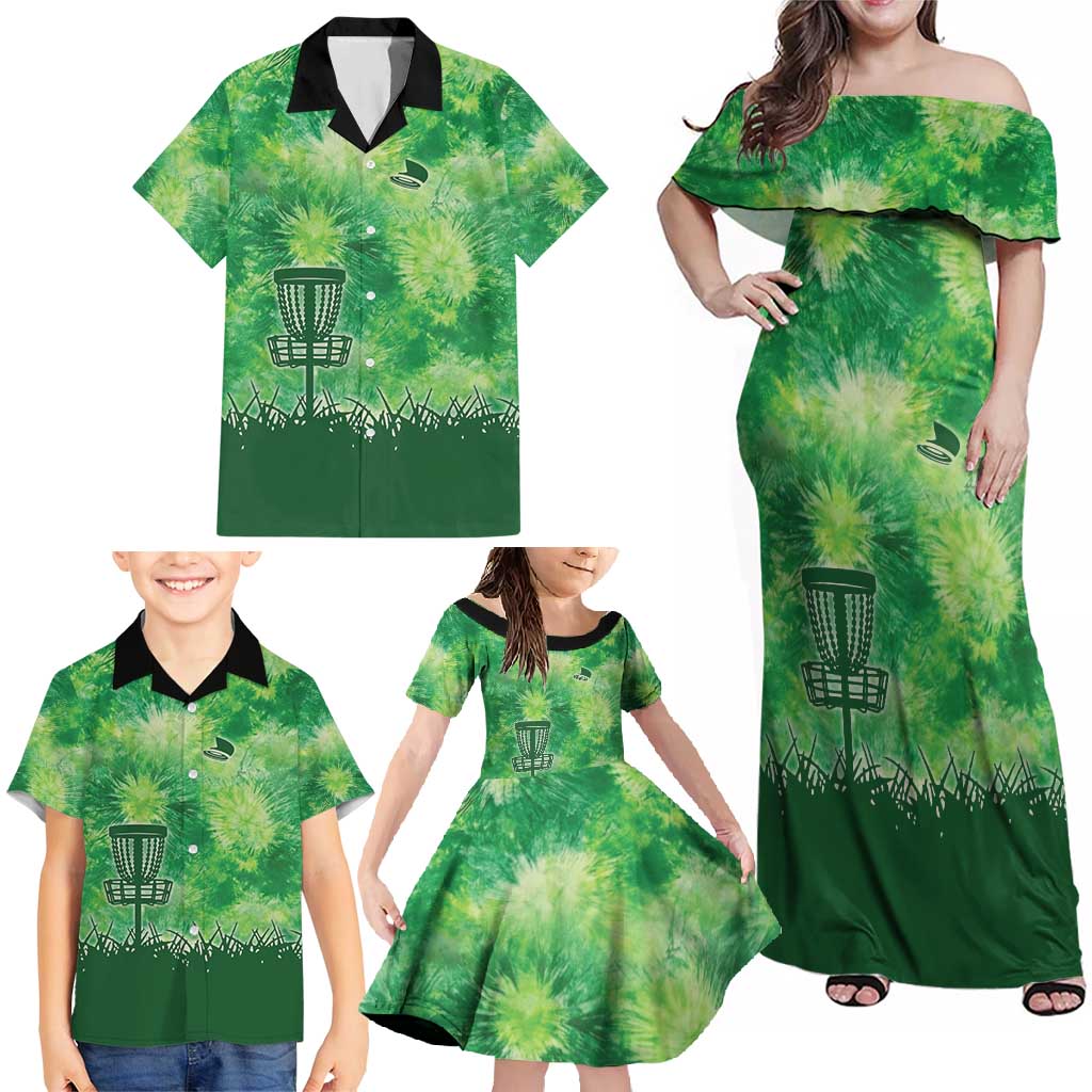 Custom Disc Golf Family Matching Off Shoulder Maxi Dress and Hawaiian Shirt with Green Tie Dye Basket and Player Silhouette - Wonder Print Shop