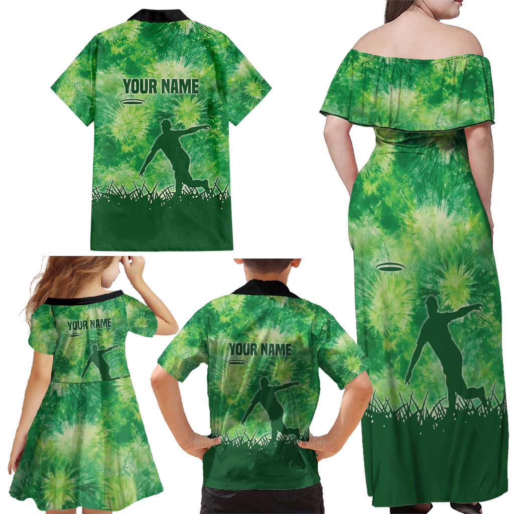 Custom Disc Golf Family Matching Off Shoulder Maxi Dress and Hawaiian Shirt with Green Tie Dye Basket and Player Silhouette - Wonder Print Shop
