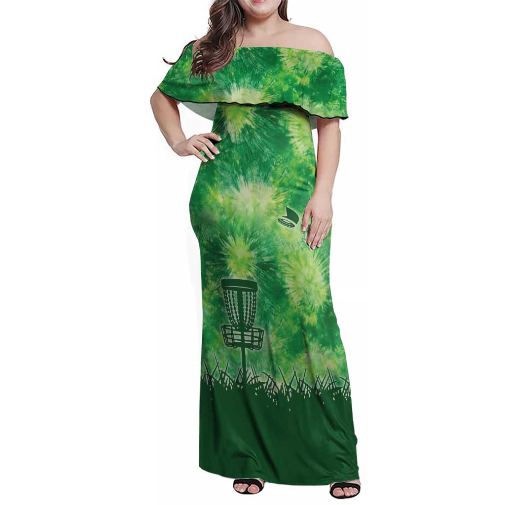 Custom Disc Golf Family Matching Off Shoulder Maxi Dress and Hawaiian Shirt with Green Tie Dye Basket and Player Silhouette - Wonder Print Shop