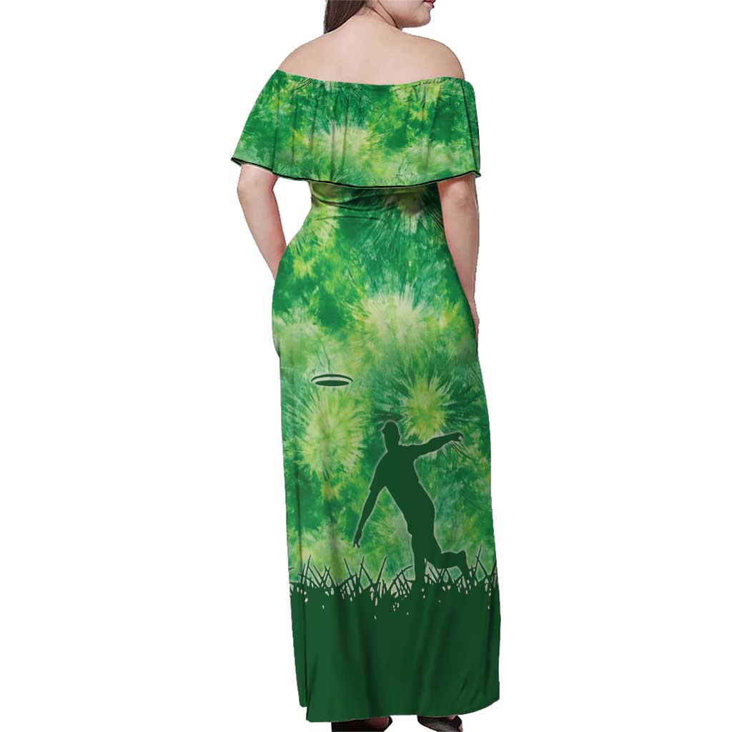 Custom Disc Golf Family Matching Off Shoulder Maxi Dress and Hawaiian Shirt with Green Tie Dye Basket and Player Silhouette - Wonder Print Shop