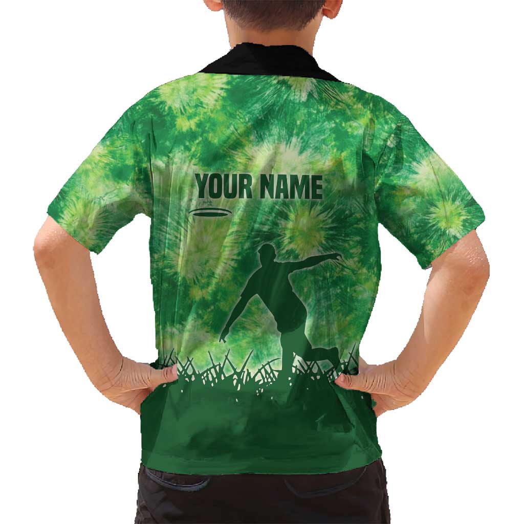 Custom Disc Golf Family Matching Off Shoulder Short Dress and Hawaiian Shirt with Green Tie Dye Basket and Player Silhouette - Wonder Print Shop