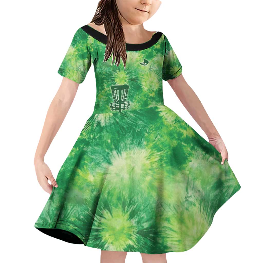 Custom Disc Golf Family Matching Off Shoulder Short Dress and Hawaiian Shirt with Green Tie Dye Basket and Player Silhouette - Wonder Print Shop