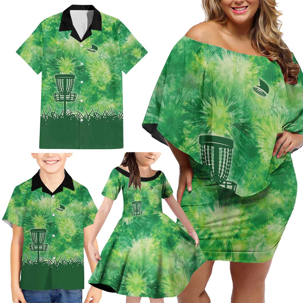 Custom Disc Golf Family Matching Off Shoulder Short Dress and Hawaiian Shirt with Green Tie Dye Basket and Player Silhouette - Wonder Print Shop