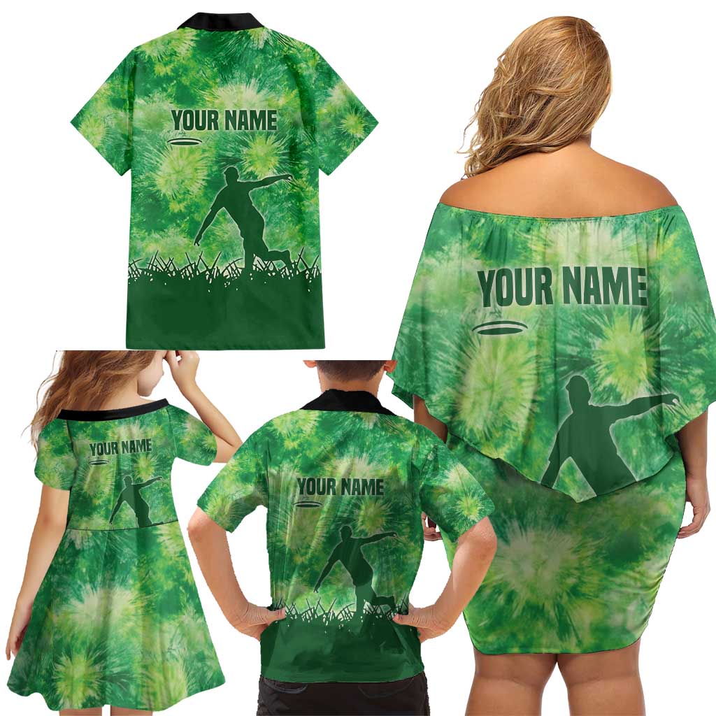 Custom Disc Golf Family Matching Off Shoulder Short Dress and Hawaiian Shirt with Green Tie Dye Basket and Player Silhouette - Wonder Print Shop