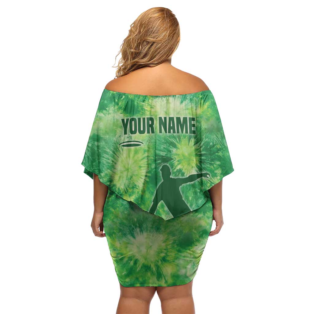 Custom Disc Golf Family Matching Off Shoulder Short Dress and Hawaiian Shirt with Green Tie Dye Basket and Player Silhouette - Wonder Print Shop