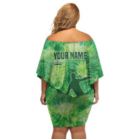 Custom Disc Golf Family Matching Off Shoulder Short Dress and Hawaiian Shirt with Green Tie Dye Basket and Player Silhouette - Wonder Print Shop