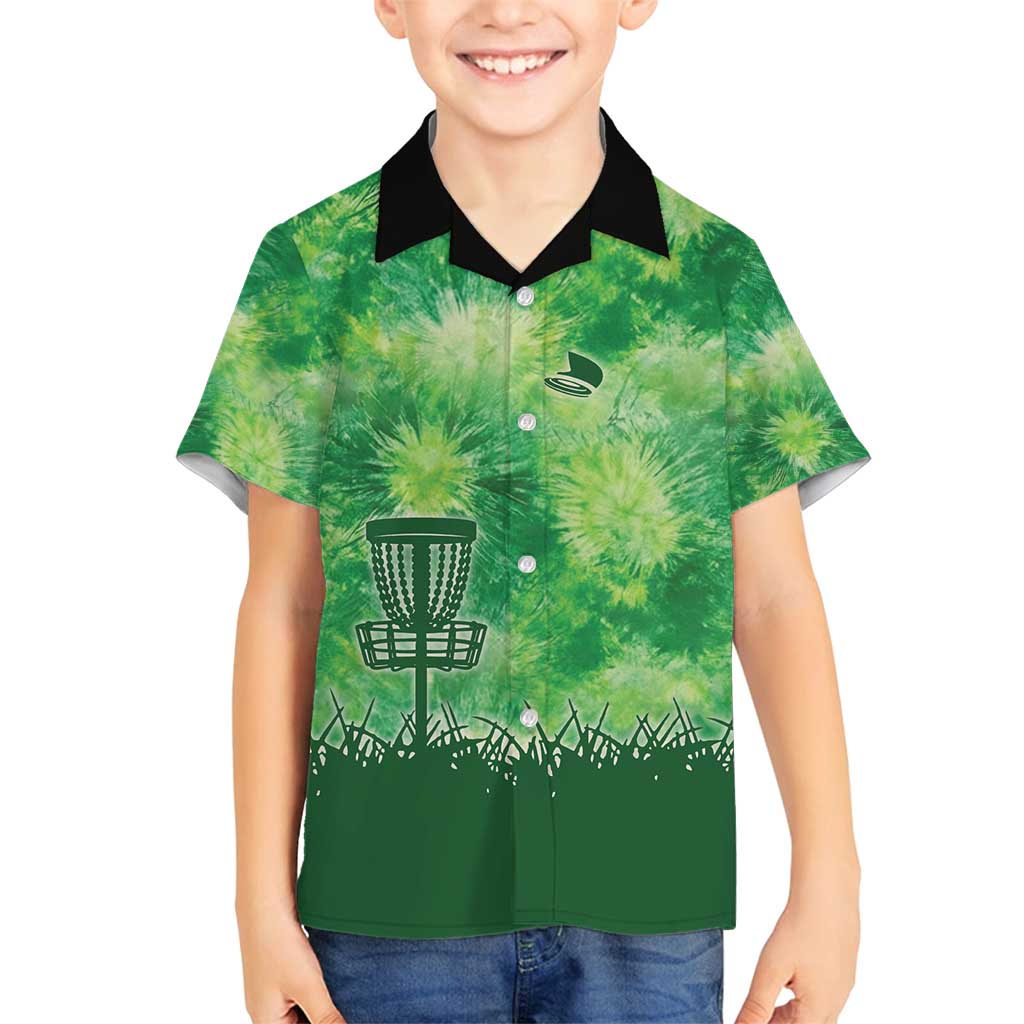 Custom Disc Golf Family Matching Off Shoulder Short Dress and Hawaiian Shirt with Green Tie Dye Basket and Player Silhouette - Wonder Print Shop