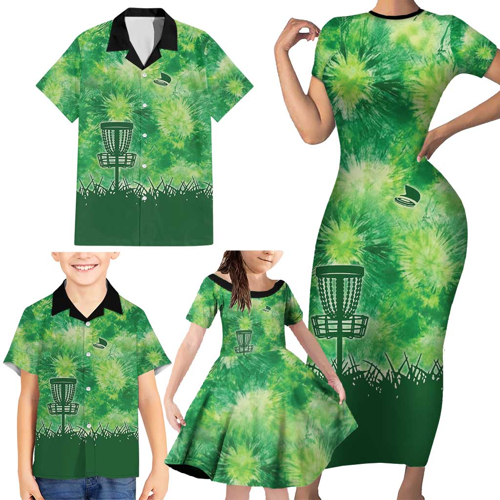 Custom Disc Golf Family Matching Short Sleeve Bodycon Dress and Hawaiian Shirt with Green Tie Dye Basket and Player Silhouette - Wonder Print Shop