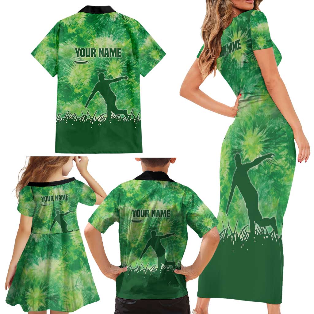 Custom Disc Golf Family Matching Short Sleeve Bodycon Dress and Hawaiian Shirt with Green Tie Dye Basket and Player Silhouette - Wonder Print Shop