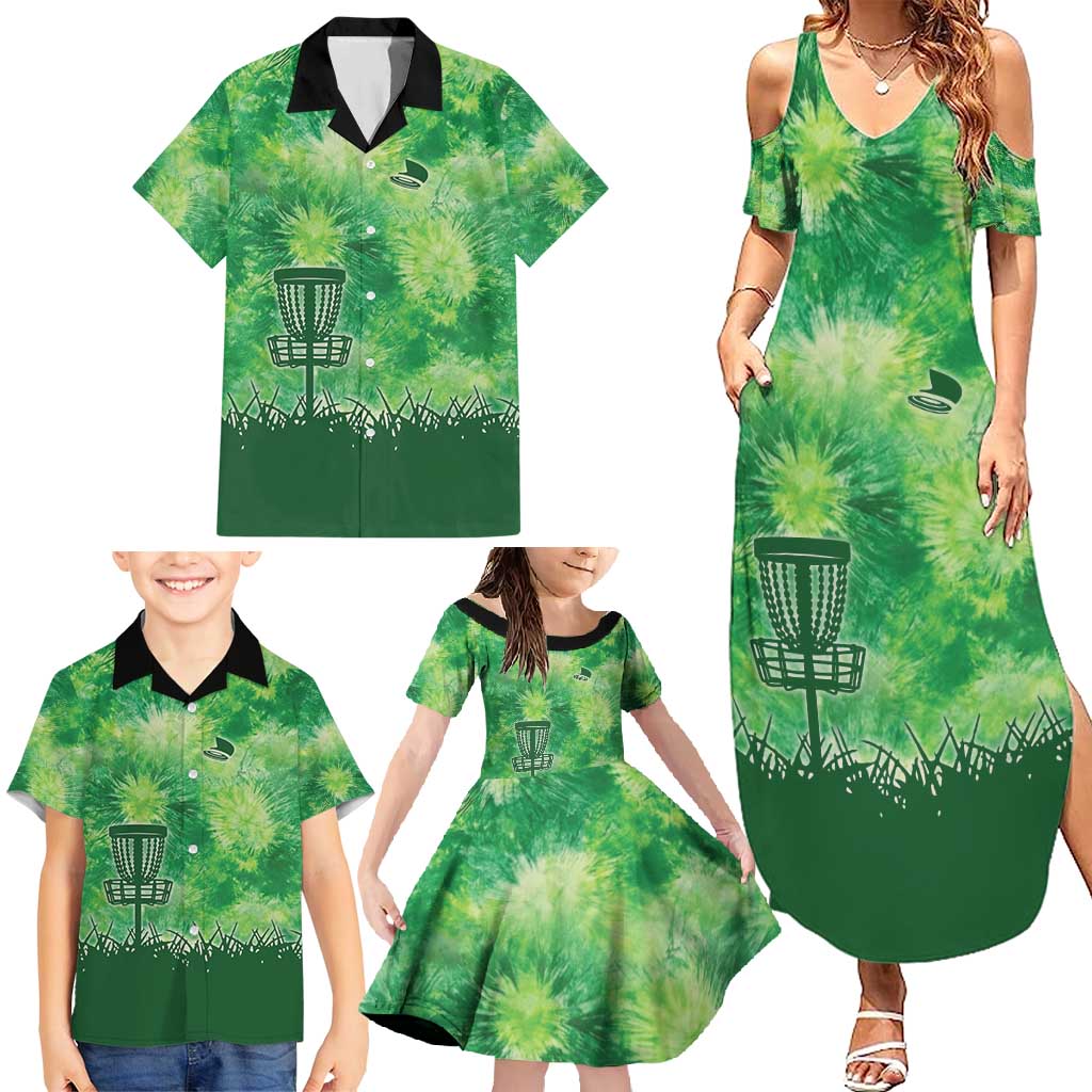 Custom Disc Golf Family Matching Summer Maxi Dress and Hawaiian Shirt with Green Tie Dye Basket and Player Silhouette - Wonder Print Shop