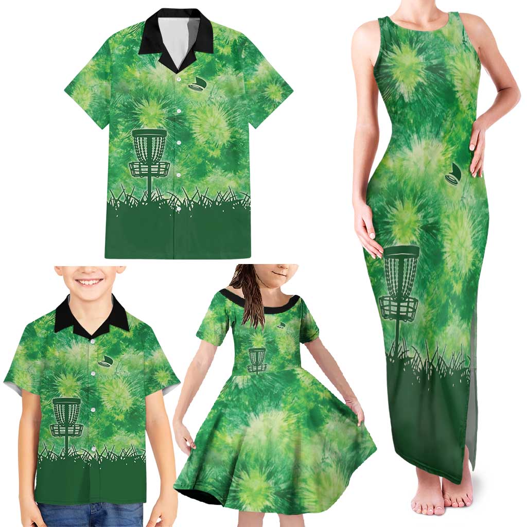 Custom Disc Golf Family Matching Tank Maxi Dress and Hawaiian Shirt with Green Tie Dye Basket and Player Silhouette - Wonder Print Shop